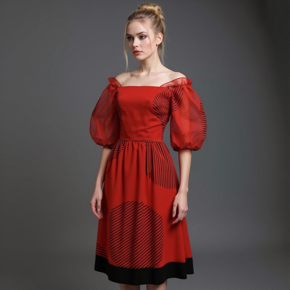 Vintage 1980s Cinnamon Red Op Art Puff Sleeve Off Shoulder Midi Dress M - Picture 3 of 8